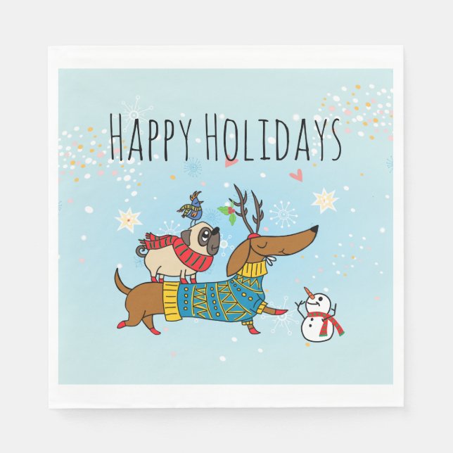 Guardanapo De Papel Dachshund, Pug & Bird Holiday Paper Napkin (Frente)