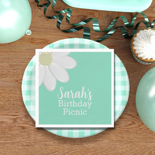 Guardanapo De Papel Daisy Mint Green Birthday Picnic Paper Napkins (Cute mint green daisy napkins for your summer birthday picnic party. Just add your name)