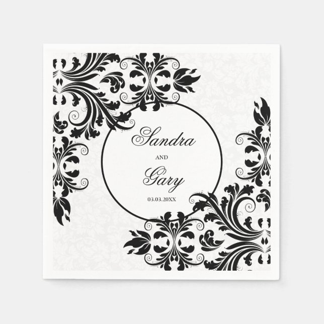 Guardanapo De Papel Damáscaras Brancos de rendas Pretas Elegantes (Frente)