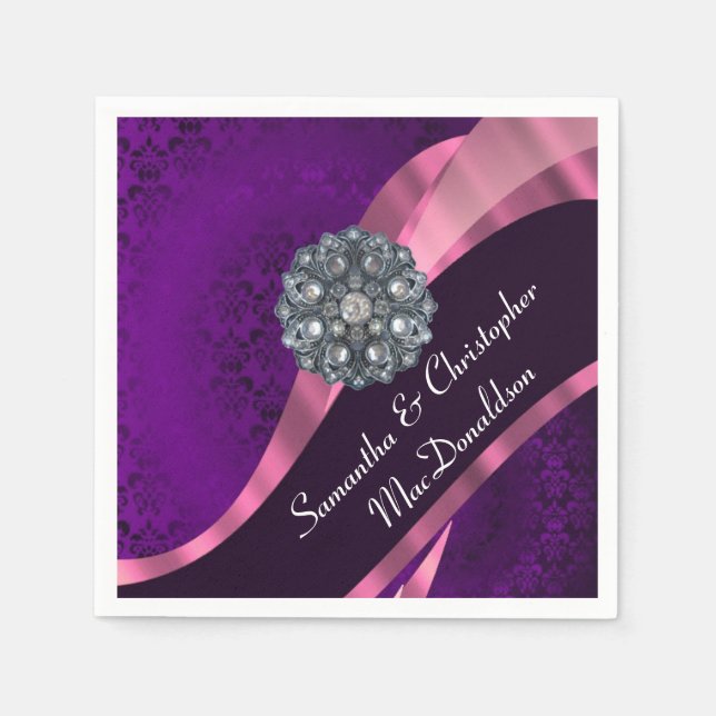 Guardanapo De Papel Damasceno roxo e cristal de rhinestone (Frente)