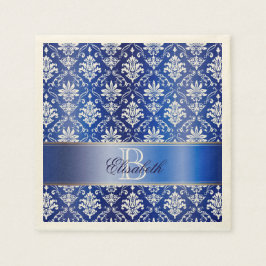 Guardanapo De Papel Damasco Branco e Azul Monograma
