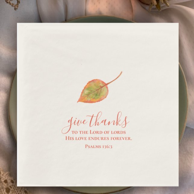 Guardanapo De Papel Dar Obrigados pintados manualmente uma aquarela mi (Minimalistic hand painted watercolor fall leaf Thanksgiving religious napkin. Give thanks scripture.)