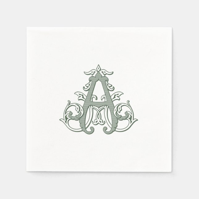 Guardanapo De Papel Dark Green "A" Monogram Cocktail Napkins (Frente)