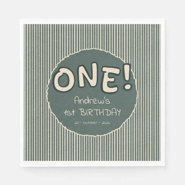 Guardanapo De Papel Dark Green Stripes 1st Birthday (Frente)