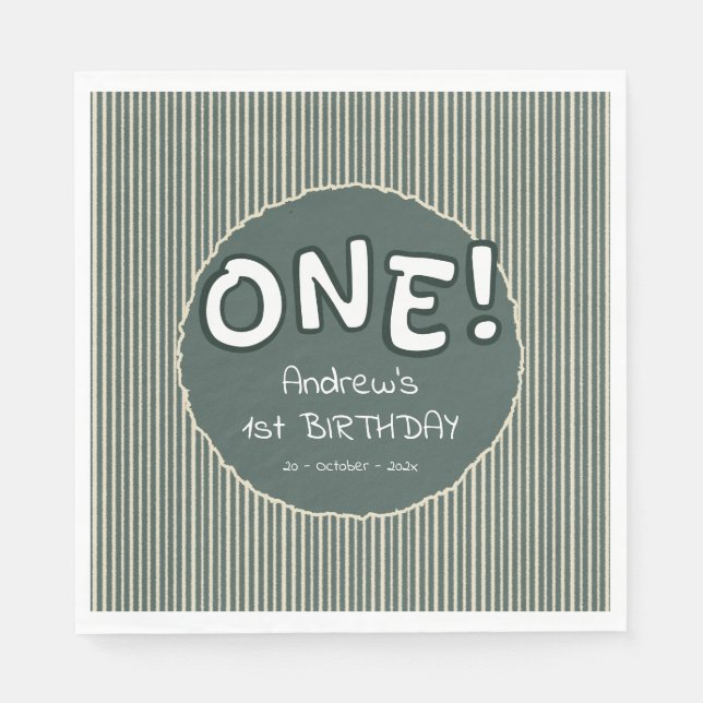 Guardanapo De Papel Dark Green Stripes 1st Birthday (Frente)