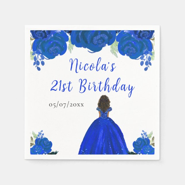 Guardanapo De Papel Dark Skin Princess Blue Floral Birthday Party (Frente)