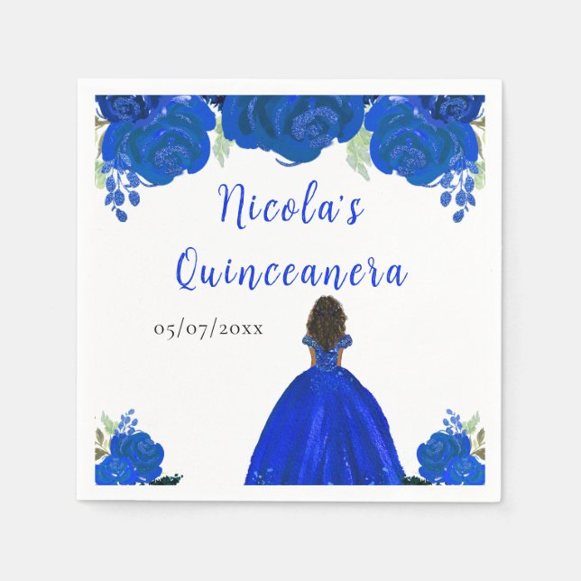 Guardanapo De Papel Dark Skin Princess Blue Floral Quinceanera (Frente)