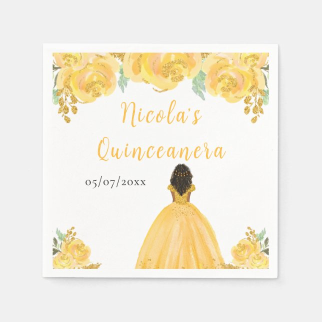 Guardanapo De Papel Dark Skin Princess Gold Floral Quinceanera (Frente)