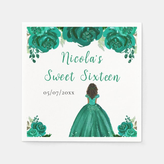 Guardanapo De Papel Dark Skin Princess Green Floral Sweet Sixteen (Frente)