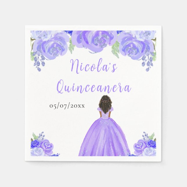 Guardanapo De Papel Dark Skin Princess Purple Floral Quinceanera (Frente)