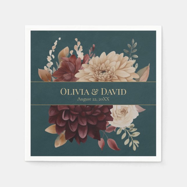 Guardanapo De Papel Dark Teal Floral Gothic Wedding Napkins (Frente)