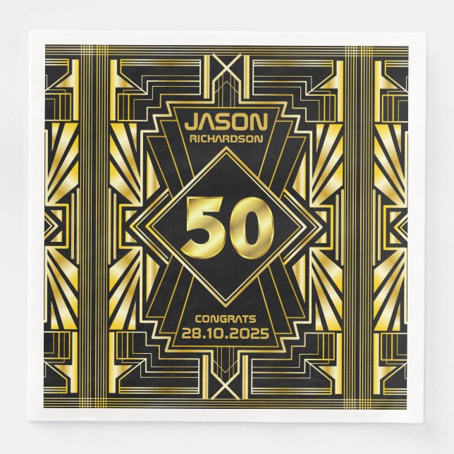 Guardanapo De Papel De Jantar 50º aniversário Art Deco Dourado Excelente Negro G (Frente)