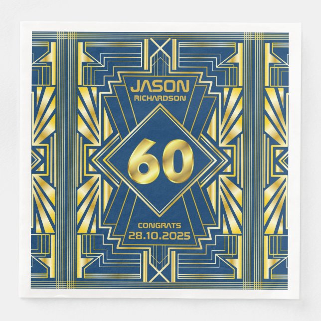 Guardanapo De Papel De Jantar 60º aniversário Art Deco Dourado Excelente Azul Ga (Frente)