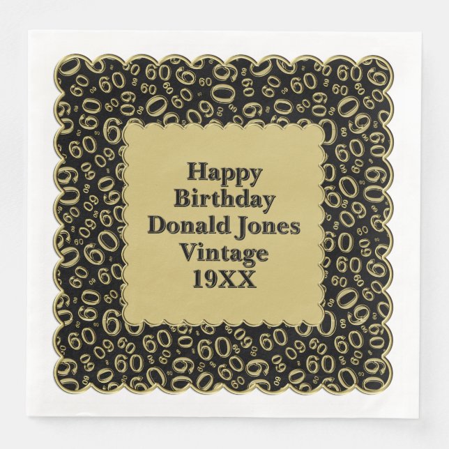 Guardanapo De Papel De Jantar 60º Aniversário Número Padrão Escamas Pretas Doura (Frente)