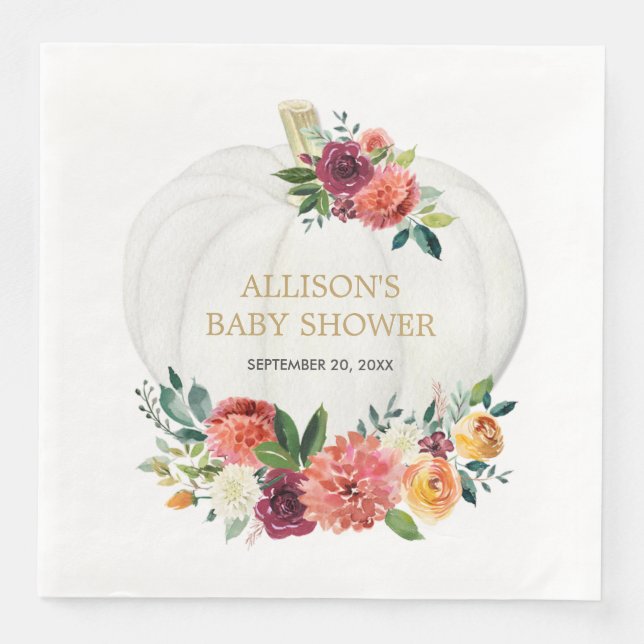 Guardanapo De Papel De Jantar Abóboras brancas florais em dourado burgundy (Frente)