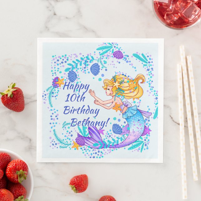 Guardanapo De Papel De Jantar Adicionar Nome Texto Loiro Sereia Azul Mauve Parte (Insitu)