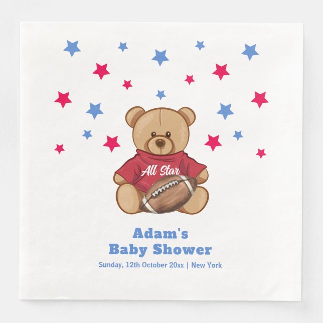 Guardanapo De Papel De Jantar All Star Teddy Bear Football Sport Baby Shower  (Frente)