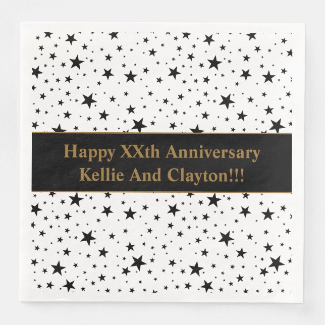 Guardanapo De Papel De Jantar Aniversário de Casamento de Estrelas Brancas/Negra (Frente)