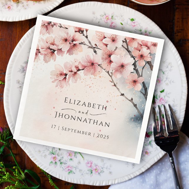 Guardanapo De Papel De Jantar Aniversário do Casamento Chic da Cherry Blossom (Criador carregado)