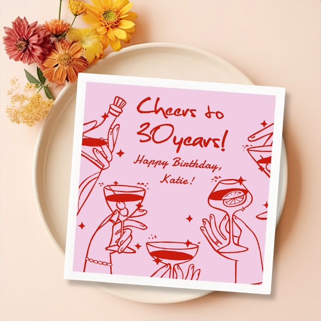 Guardanapo De Papel De Jantar Aniversário do Coquetel Funky Retro HandDraky Verm (Criador carregado)