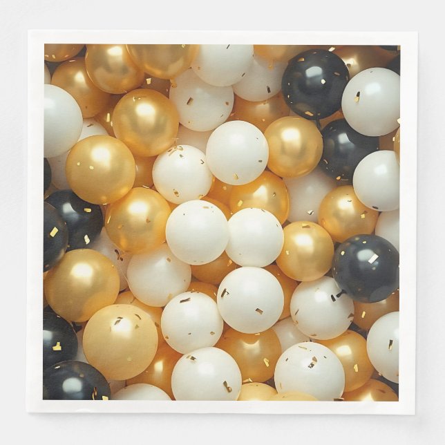 Guardanapo De Papel De Jantar Aniversário dos Balões Negros e Dourados (Frente)