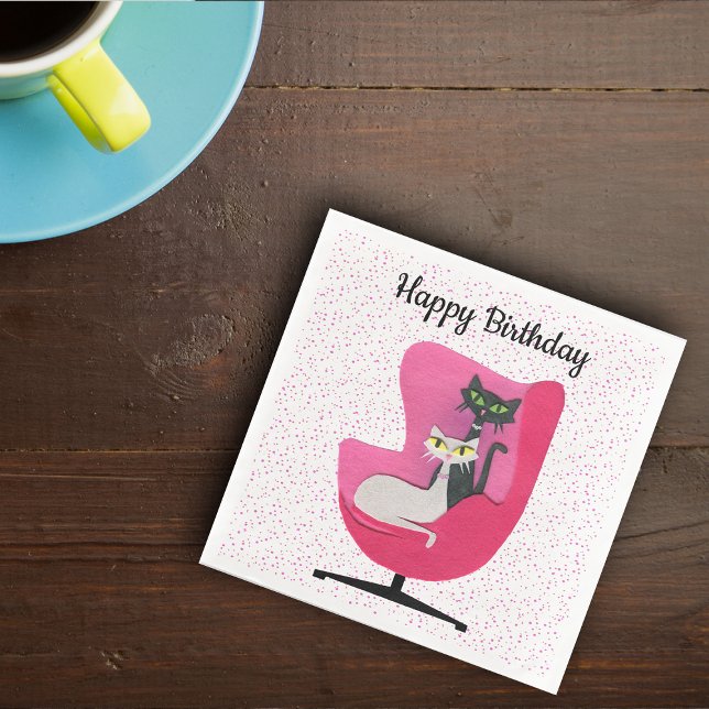 Guardanapo De Papel De Jantar Aniversário Meio século Moderno Gatos Elegantes Ro (Two mid century modern cats in pink chair bright pink polka dots Birthday paper party napkins.)