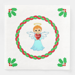 Guardanapo De Papel De Jantar Anjo de Natal & folhas de azevinho em branco