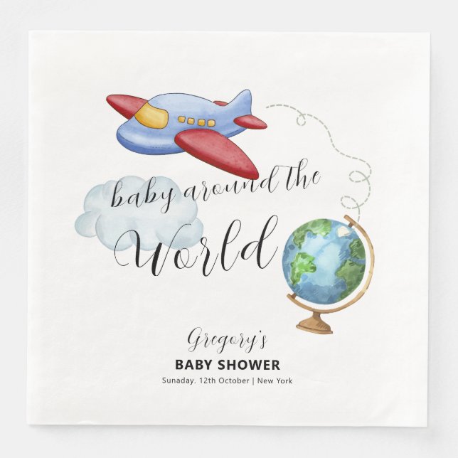 Guardanapo De Papel De Jantar Around The World Map Airplane Boy Baby Shower (Frente)