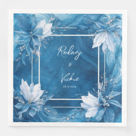 Guardanapo De Papel De Jantar Arte Líquida Azul Real Floral Branco Casamento de