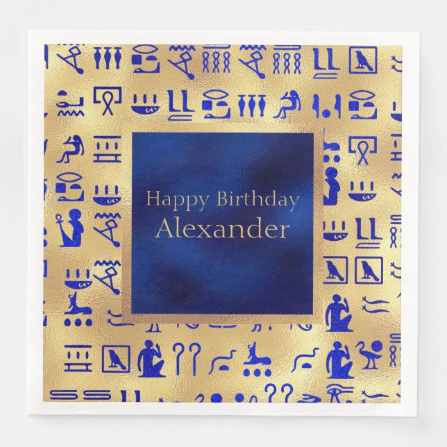 Guardanapo De Papel De Jantar Arte sobre Hieroglifos Egípcios Azuis na Dourada (Frente)