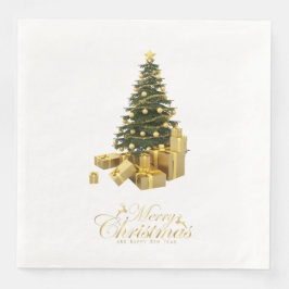 Guardanapo De Papel De Jantar Árvore de Natal com Enfeites Dourados e Presentes