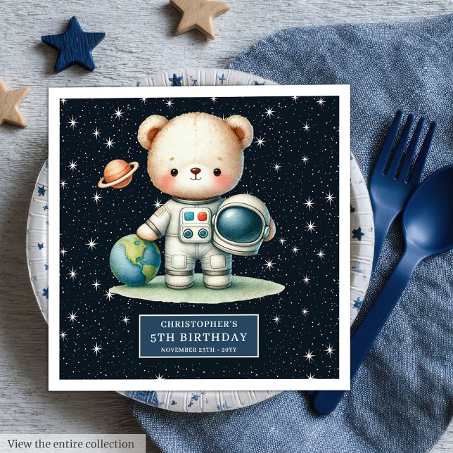 Guardanapo De Papel De Jantar Astronauta de Ursinho Divertido Costume de Astrona (Fun Teddy Astronaut Napkins Boy Birthday Custom Name)