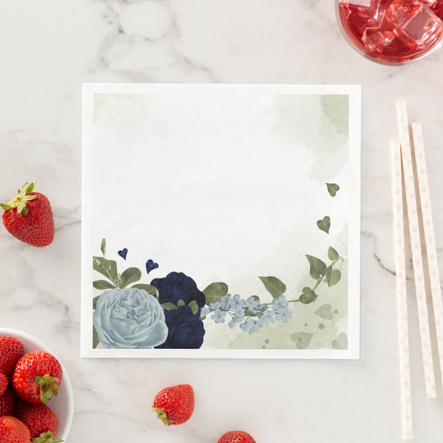 Guardanapo De Papel De Jantar azul poeirento e flores azuis marinhos verdes (Insitu)