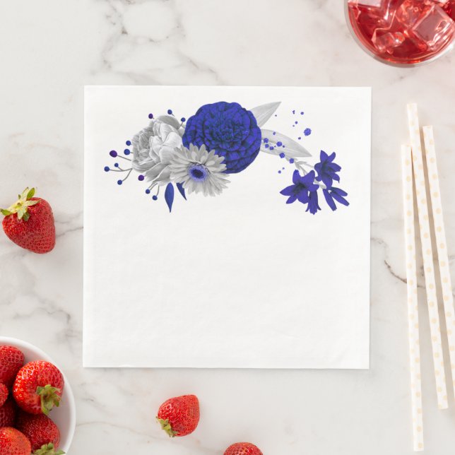 Guardanapo De Papel De Jantar azul real & flores prateadas & folhas prateadas (Insitu)