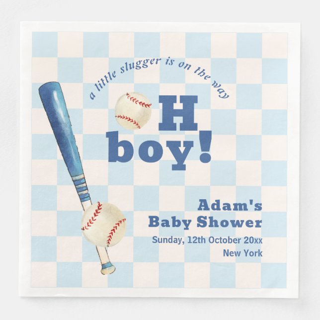 Guardanapo De Papel De Jantar Blue Plaid Little Slugger Baseball Baby Shower  (Frente)