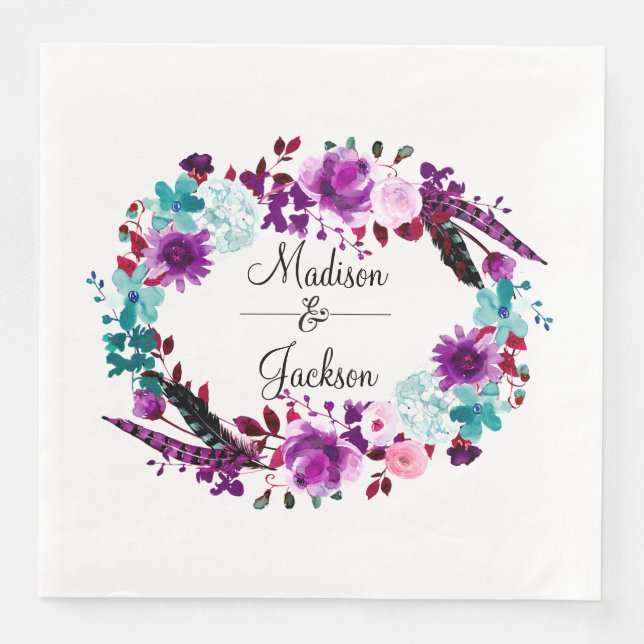Guardanapo De Papel De Jantar Boho Chic Floral Wreath Purple Casamento Monograma (Frente)