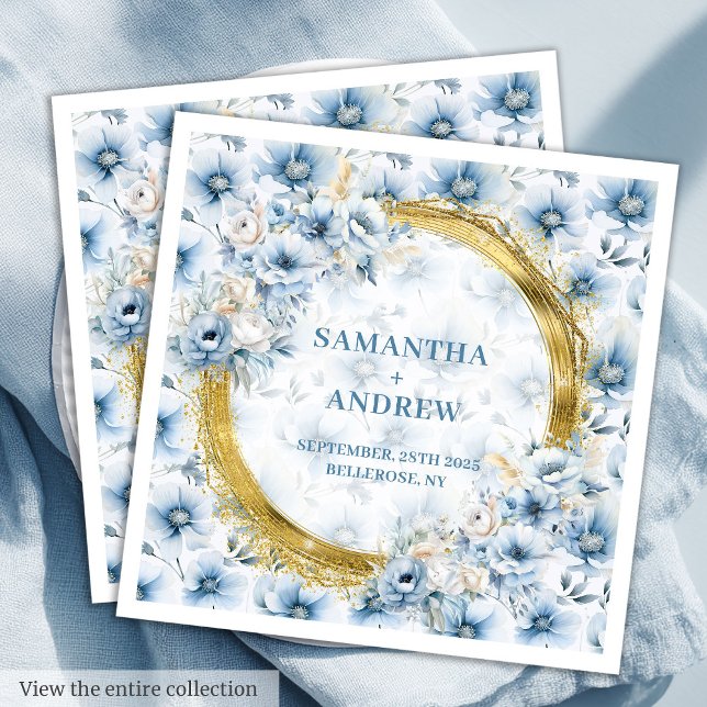 Guardanapo De Papel De Jantar Boho Dusty Pastel Azul Dourado Casamento Napkin (Elegant Boho Dusty Blue Pastel Gold Wedding Napkins)
