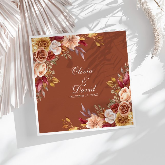 Guardanapo De Papel De Jantar Boho Modern Burnt Orange Terracotta Casamento Flor (Boho Modern Burnt Orange Terracotta Floral Wedding Paper Dinner Napkins o9n a sunny boho white table)