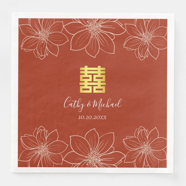 Guardanapo De Papel De Jantar Boho vermelho moderno casamento floral chinês (Frente)