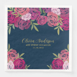 Guardanapo De Papel De Jantar Bonito Rosa Floral e Rosas de Aquarela Puros Azul