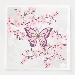 Guardanapo De Papel De Jantar Borboleta E Flor De Cereja Cor-De-Rosa
