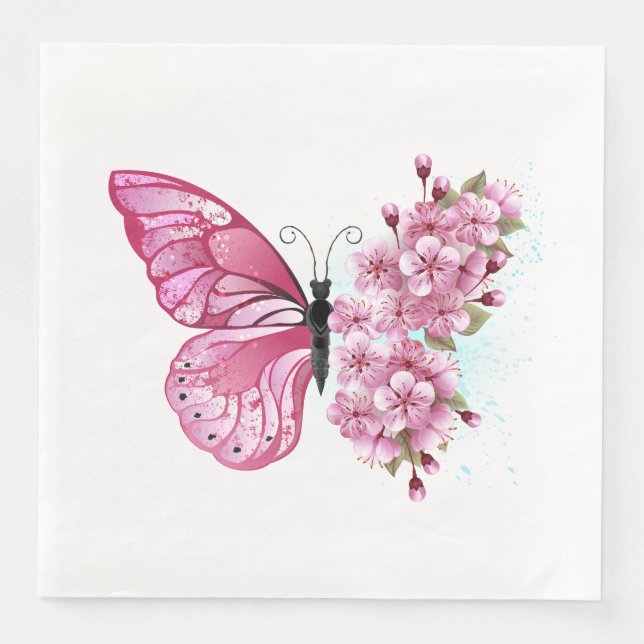 Guardanapo De Papel De Jantar Borboleta Flor com Sakura Rosa (Frente)