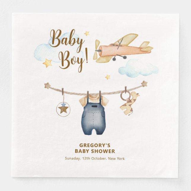 Guardanapo De Papel De Jantar Boy Adventure Clothesline Airplane Sky Baby Shower (Frente)