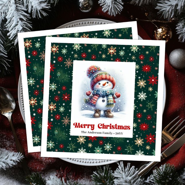 Guardanapo De Papel De Jantar Bright cartoon snowman with snowflakes kids napkin (Bright cartoon snowman with snowflakes kids napkins)