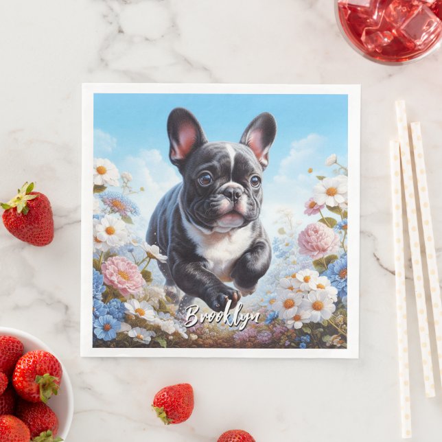 Guardanapo De Papel De Jantar Bulldog e Flores Franceses Pretos e Brancos (Insitu)