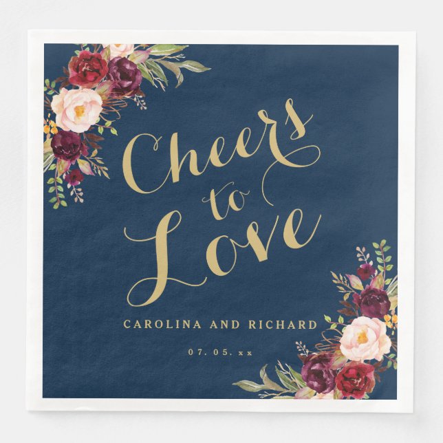 Guardanapo De Papel De Jantar Burgundy Floral Marinho Azul Casamento Dourado Che (Frente)