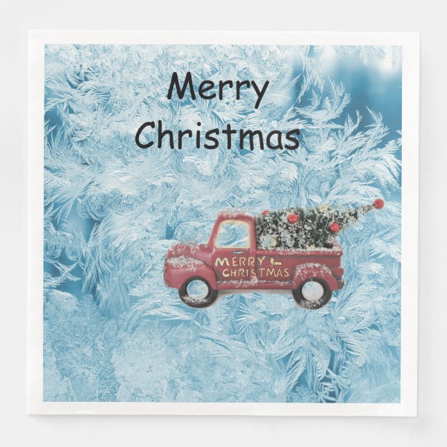 Guardanapo De Papel De Jantar Caminhão de safra vermelho sobre fundo azul com fl (Frente)