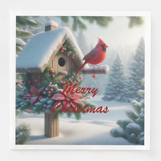 Guardanapo De Papel De Jantar Cardeal de inverno em um abrigo festivo (Frente)