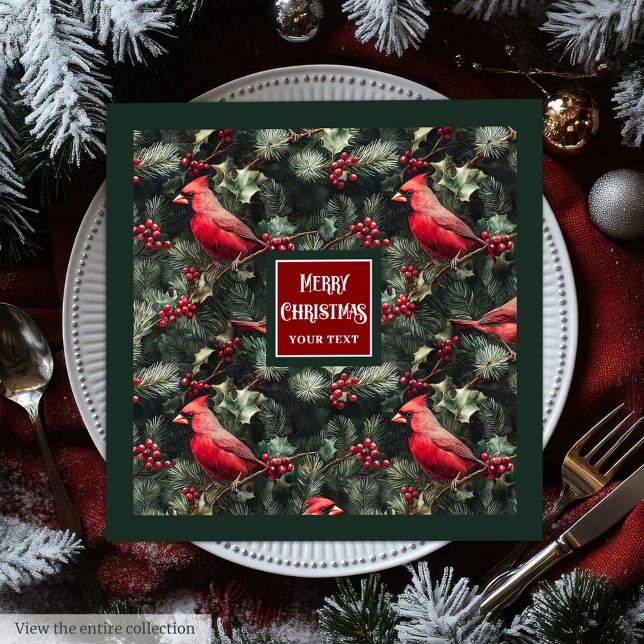Guardanapo De Papel De Jantar Cardeal vermelho-natalino verde-profundo (Watercolor Christmas red cardinal deep green Paper Dinner Napkins)