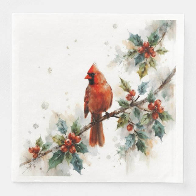 Guardanapo De Papel De Jantar Cardinal de Natal e Folhas de Azevinho (Frente)